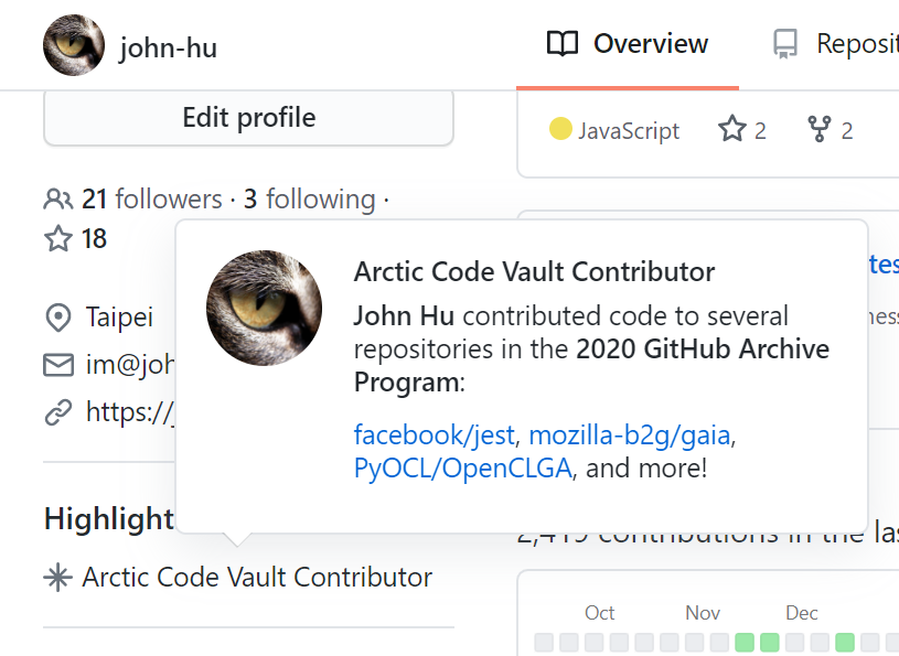 the John Hu's github profile with arctic code vault contributor